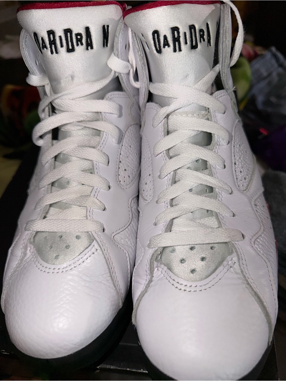 Jordan Men 7 Retro White and Black High-Top Sneakers with Red Trim